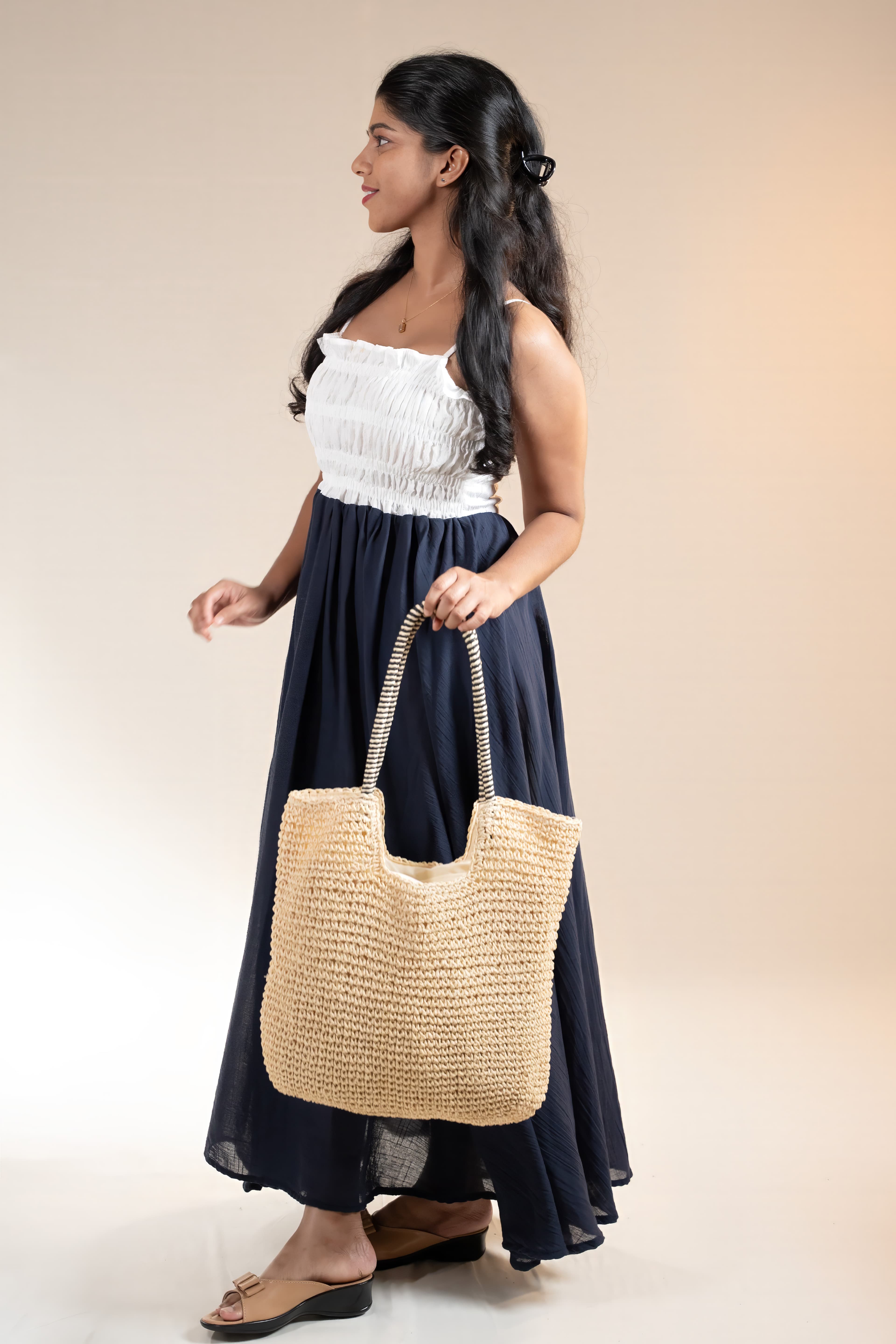 Noir Drift Dress | Smocked Colorblock Maxi | Adum Culture