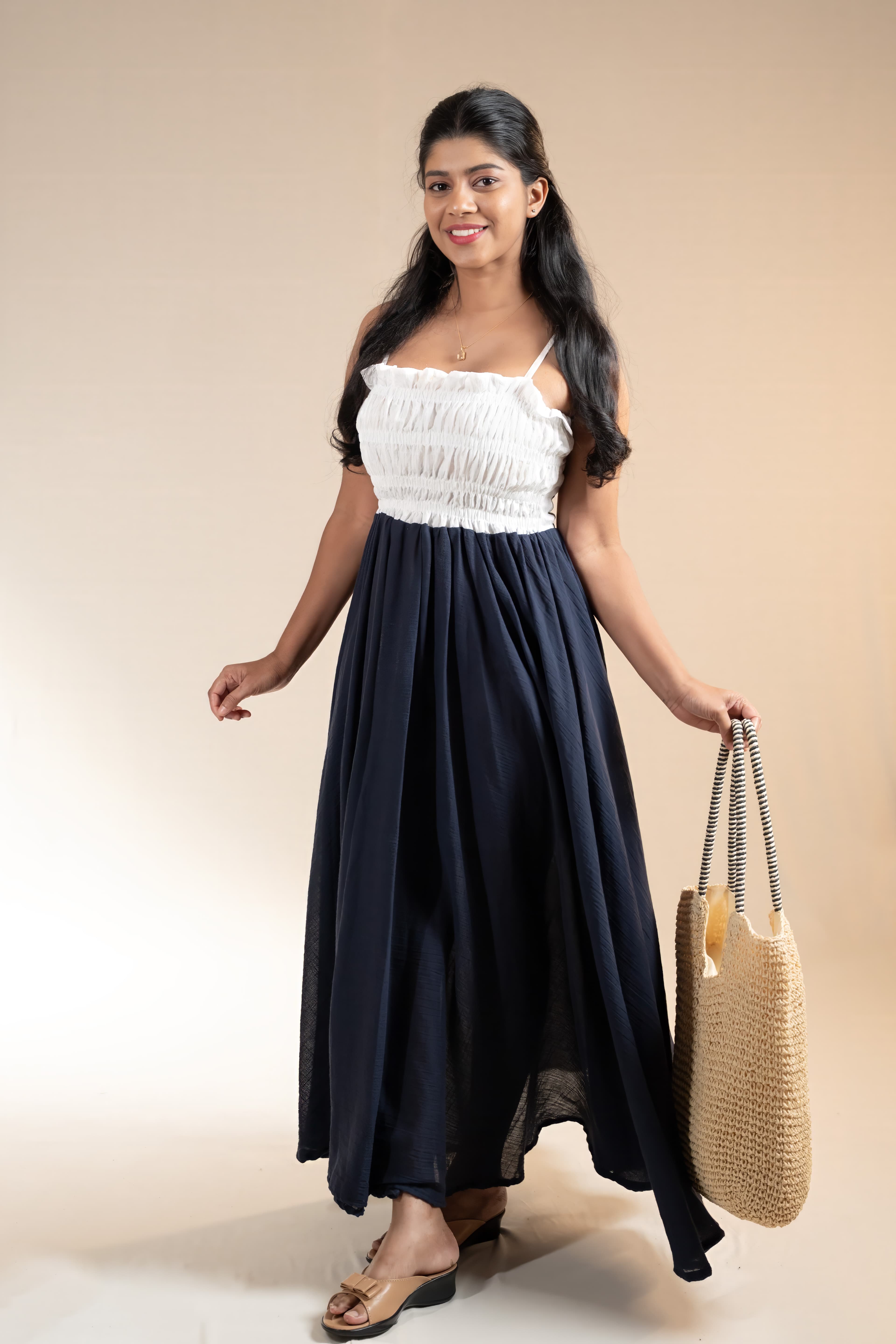 Navy Drift Dress | Smocked Colorblock Maxi | Adum Culture